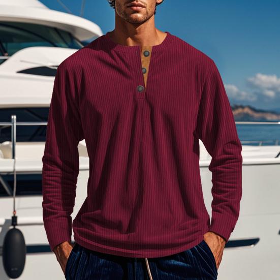 Men Long Sleeve T-Shirt Corduroy Solid Color Spring And Autumn T-Shirt Casual Henry Collar Slim Fit Tee for Daily Wear Travel Office