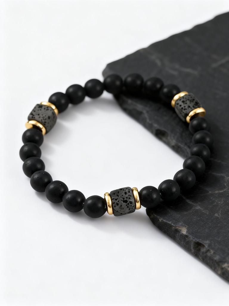 Mountain Stone Black Bead Bracelet for Men,8mm Black Agate Beaded Bracelet,Trendy Jewelry GIft
