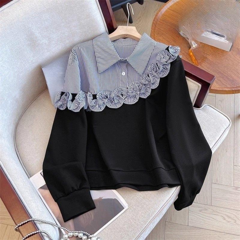 3D Decorative Women's Sweatshirt Korean Version Turndown Collar Flower Pattern Striped Blocking Color Hoodies Spring Casual Fashionable Lady Top