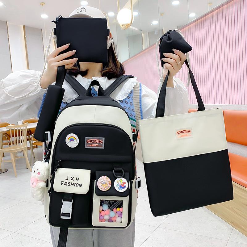 Backpack New Fashion Casual Foreign Style Simple Large Capacity Double Pocket Backpack Korean Version Small Fresh Five-piece Backpack