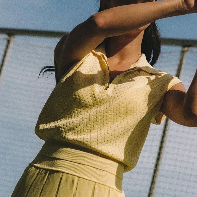Womens Knit Jacquard Tennis Set: Collar Zipper Sleeveless Top High-Waisted Pleated Skirt With Anti-Ride-Up Design