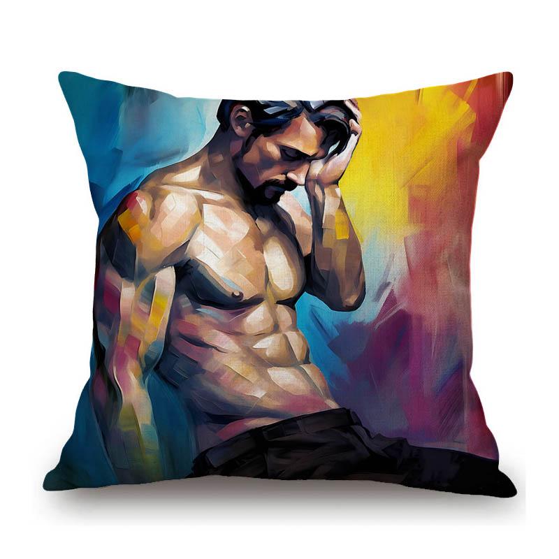 Handsome Sexy Muscle Hormone Body Man Hottest Guy Colored Oil Painting Decorative Sofa Throw Pillow Case Linen Cushion Cover