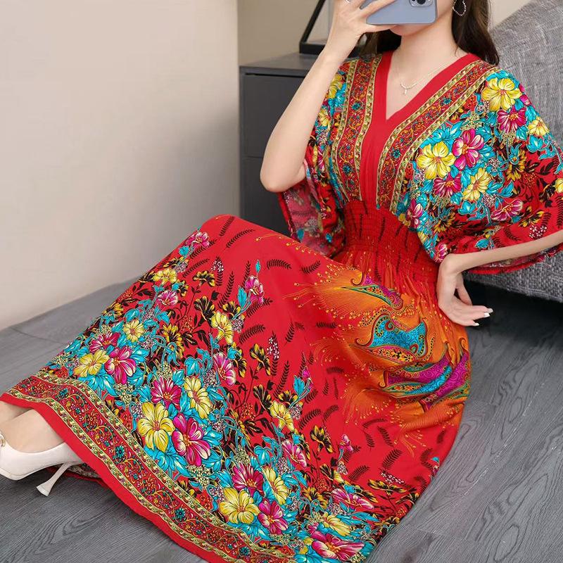 25th Anniversary Ethnic V-Neck Rayon Short Sleeve French-Thai Print Holiday Dress for Women