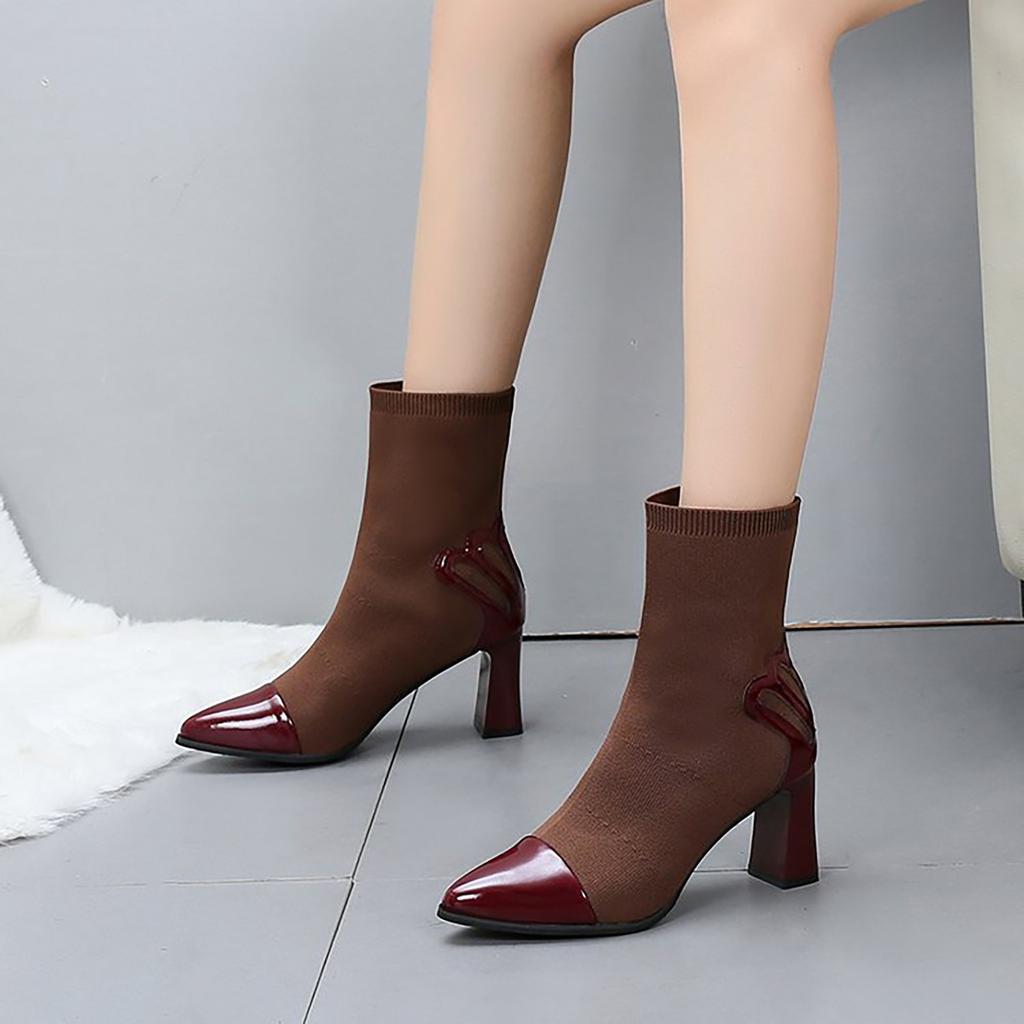 Women's Mesh Stretch Fabric Square Heel Nude Boots Pointed Casual Boots Women's Boots