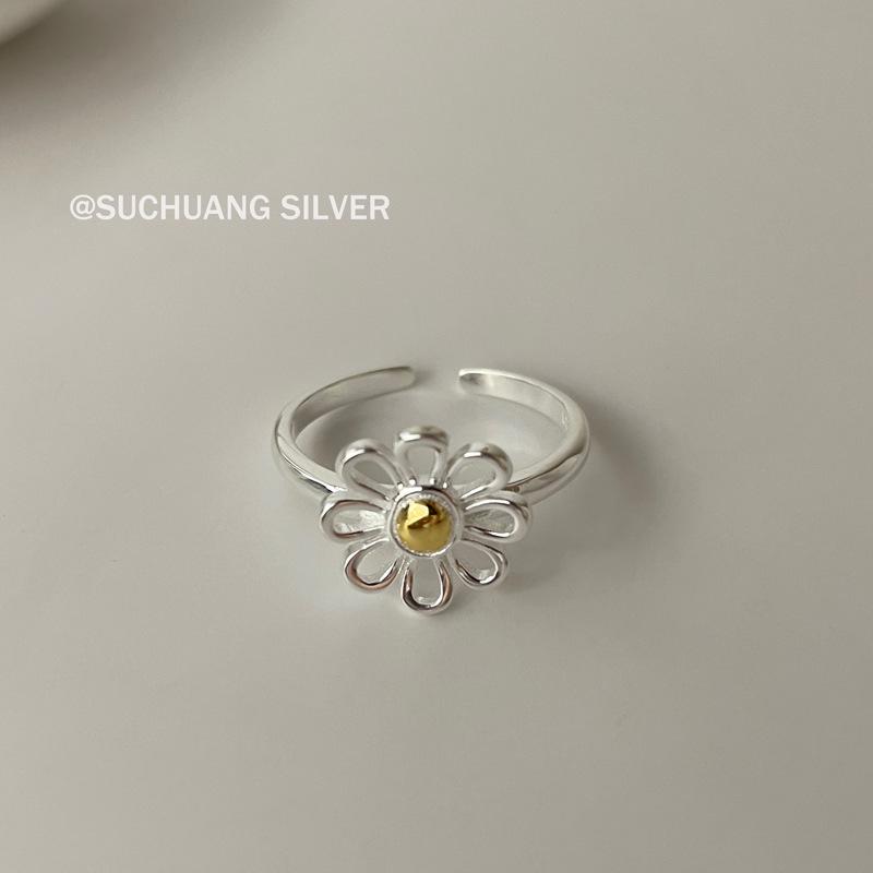 Sterling Silver Hollow Daisy Ring: Adjustable, Stackable Geometric Design for Women. Adjustable Open