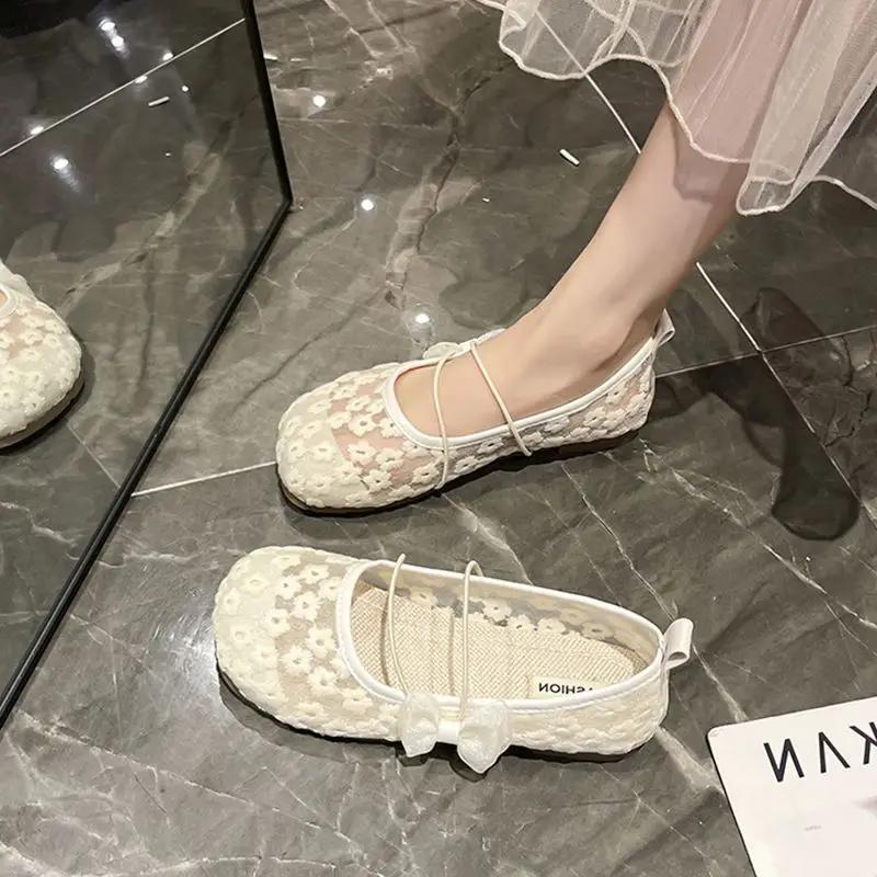 Fashion Off-white Mesh Japanese Style Lolita Cute Gothic Shoes for Women Kawaii Flat Flats Low Heel Elegant Round Toe Mary Jane On Offer