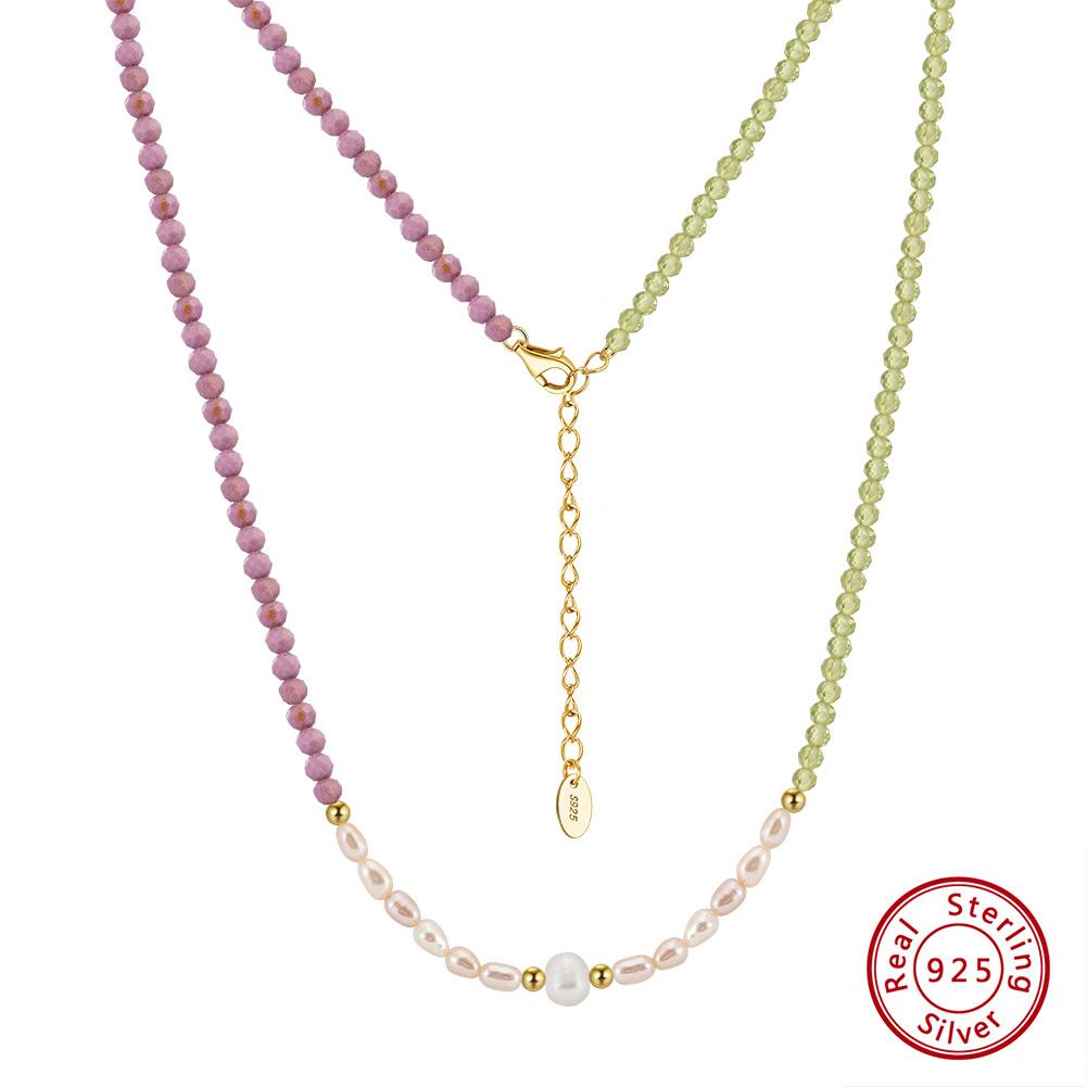 

EFFIE QUEEN Real Gemstone Peridot & Purpl Mica Necklace with Freshwater Pearls Beaded 14k Gold Plated Women Jewelry Gift MPN06