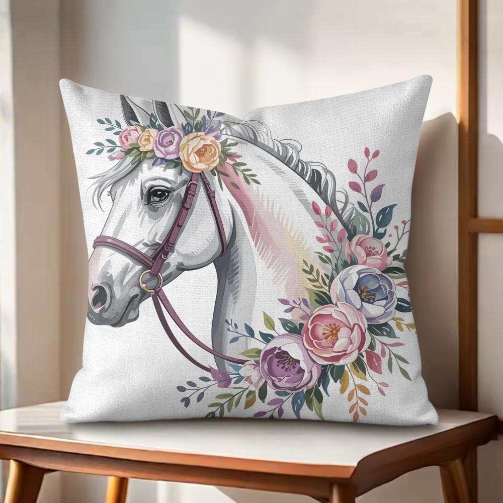 Watercolor Horse  Floral Cushion Cover Natural Linen Organic Fabric DoubleSided Printing Couch Pillow Covers Home Decor