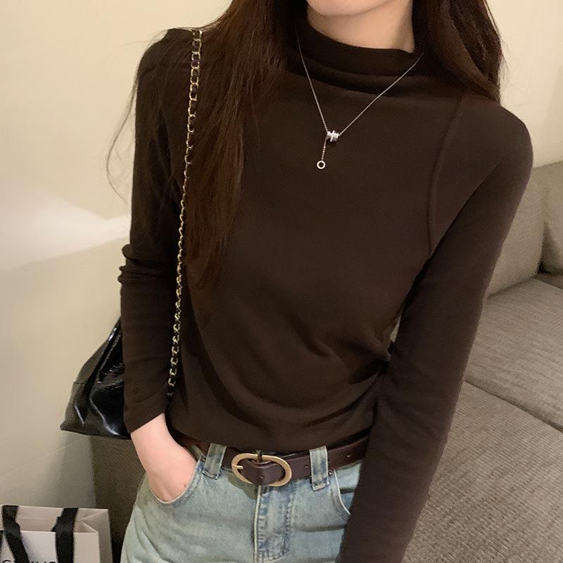Half-high collar long-sleeved bottoming shirt for women autumn and winter new chic white T-shirt slimming fishbone top