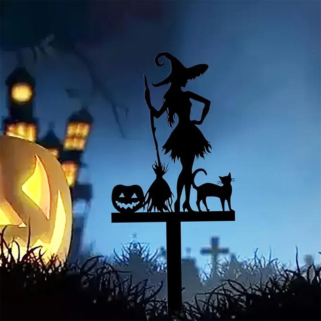 Spooky Halloween Garden Stakes Set with Witch Pumpkin and Black Cat Silhouettes - Metal Outdoor Decor for Lawn and Yard