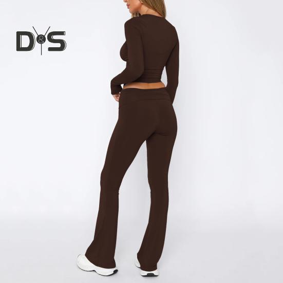 2 Teile/Satz Damen Oberteile Hosen Set Rundhals Einfarbig Lange Ärmel Slim Fit T-Shirt Niedrige Taille Ausgestellte Saum Hose Lässiges Sport Outfit