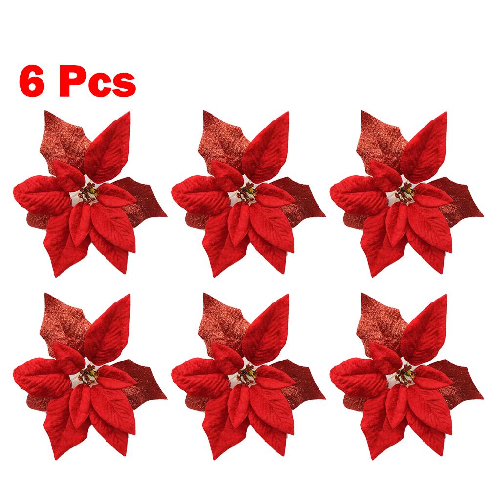 Set of 6 Large 22cm Poinsettia Glitter Flowers for Hanging Suitable for Christmas Trees and Seasonal Home and Event Decorations