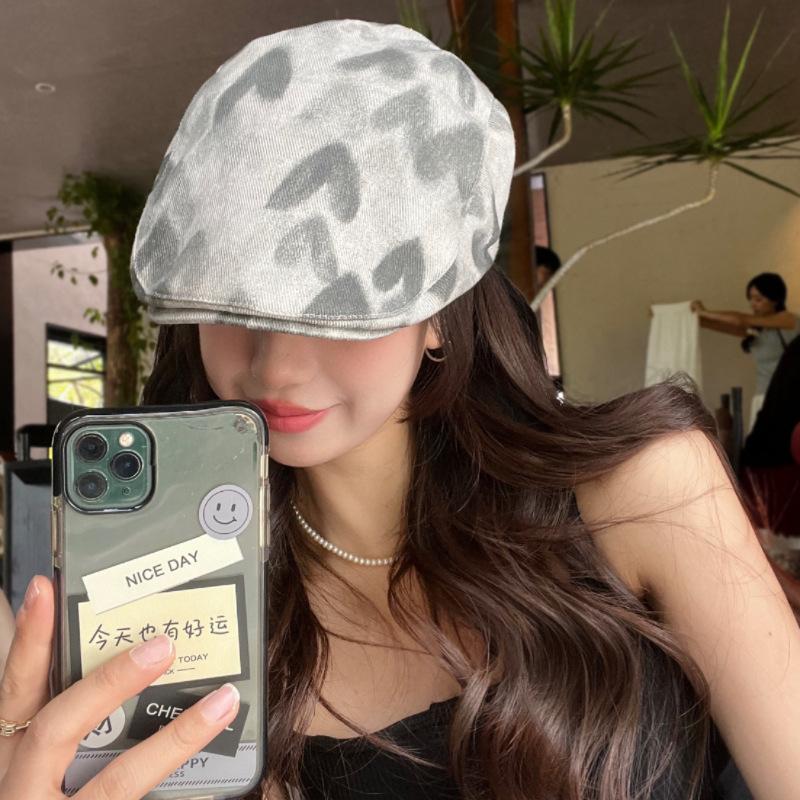 British retro pink heart-shaped denim forward cap for women, new summer inverted beret, early autumn duckbill cap