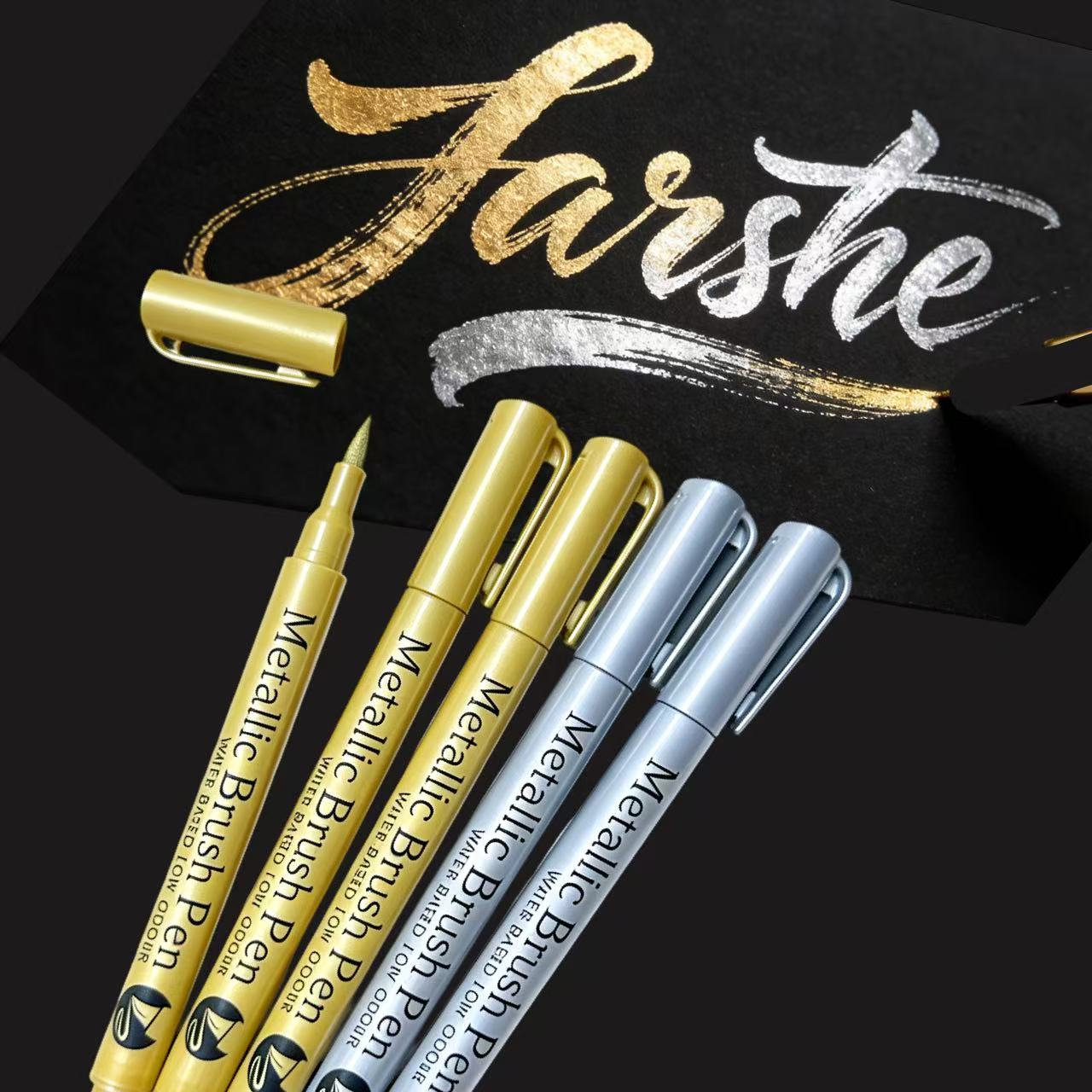5pcs Metallic Brush Marker Pens(Golden+Silver), Waterproof Markers for Graffiti, Signature, Painting, Art School Supplies 5pcs