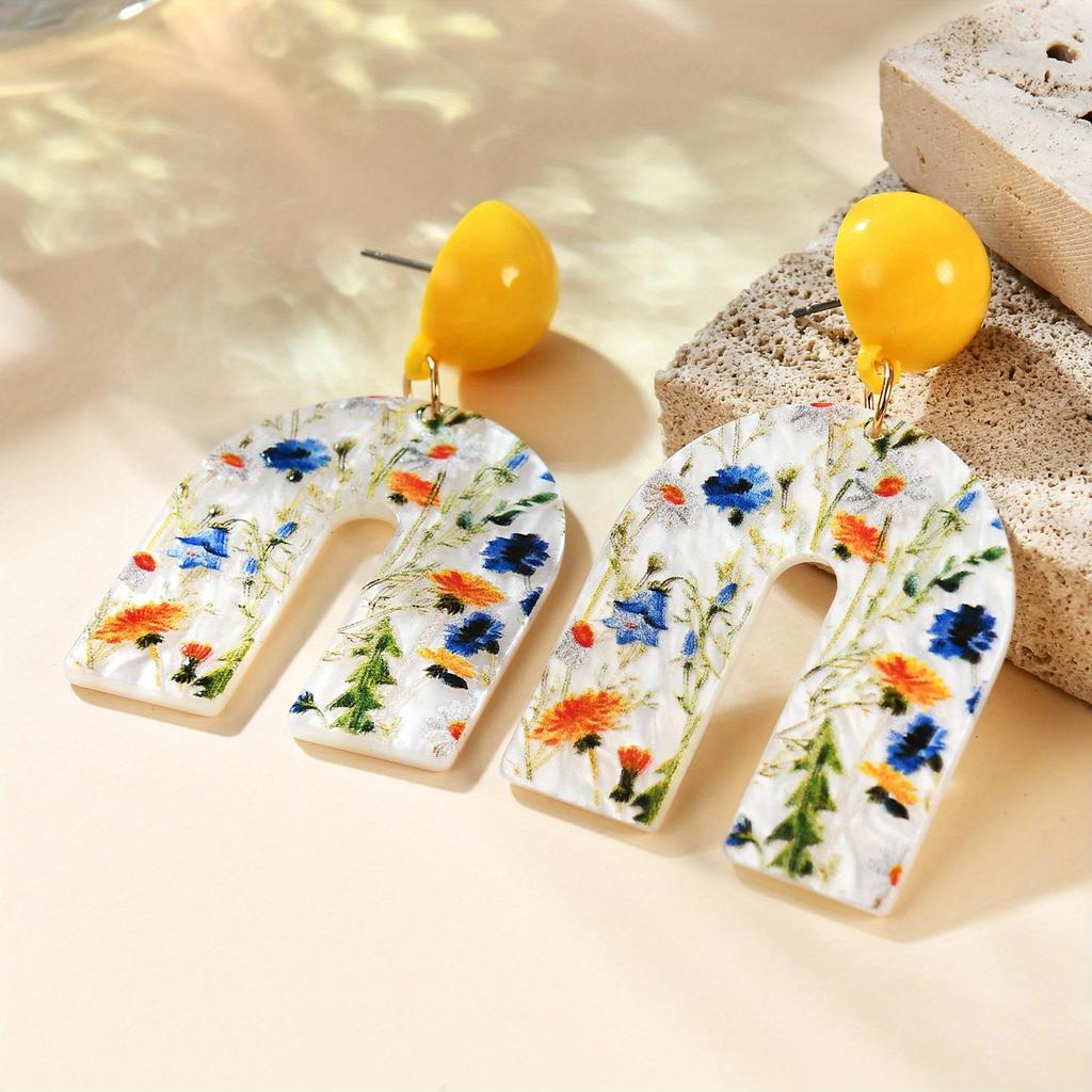 Geometric Acrylic Earrings Pendientes Earring For Women Retro Flower Contrast Color Square Earrings Acrylic Candy Color Earrings