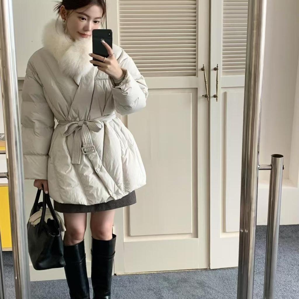 Scarf, fur collar, down jacket, women's high-end feeling, waist lace-up temperament, beautiful white duck down warm jacket