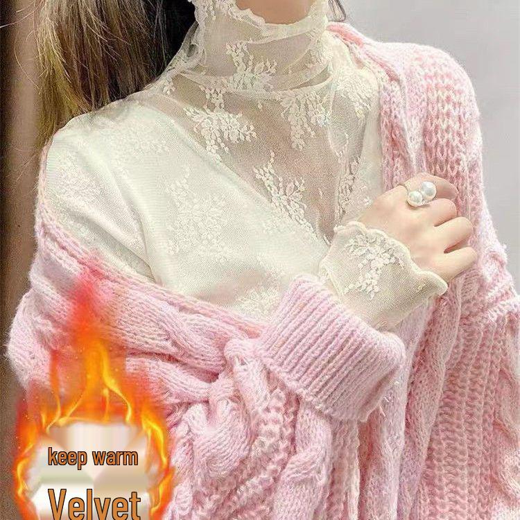 Women s Plus Velvet High-Neck Lace Ruffled Mesh Top - Autumn/Winter 2025 Style M (80-90 jin)