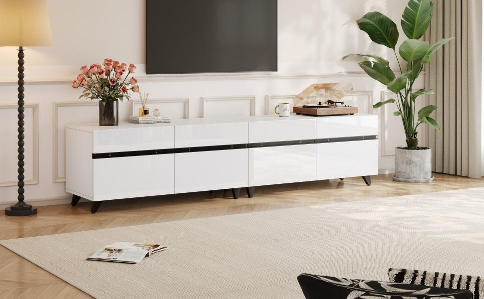 180*40*49cm High-Gloss TV Cabinet with 4 Cabinets and Adjustable Dividers, Cabinet with 8 Table Legs, Load Capacity 52kg, Suitable for 80-Inch TVs