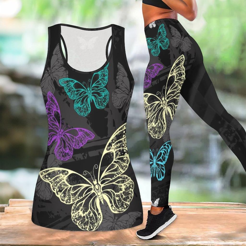 Butterfly Print Yoga Outfit for Women Fashion Workout Leggings Fitness Sports Casual Yoga Set Sports Suit
