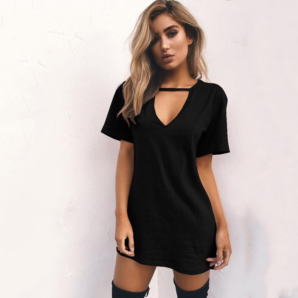 Women's Summer New Sexy V Neck Halter Cut Out Mini Dress Short Sleeve Solid Color Casual Club Party T-Shirt Dress
