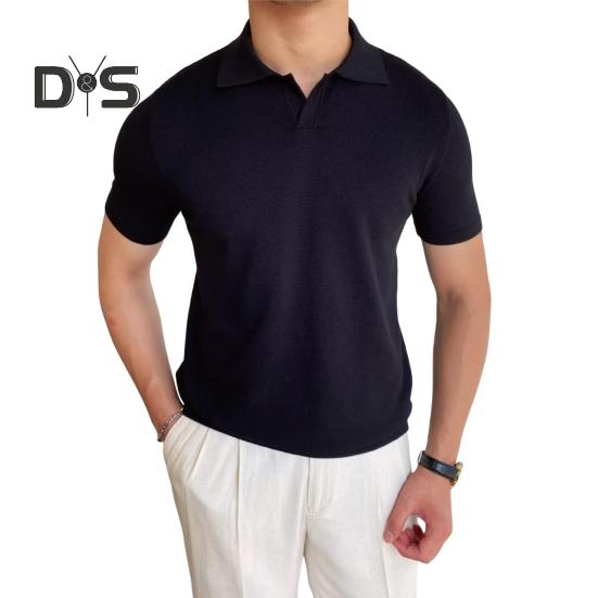 Pánské letní tričko s krátkým rukávem, ohrnutým límcem, výstřihem do V, jednobarevný volný svetr, střední délky, pro obchodní příležitosti, kancelář, randění