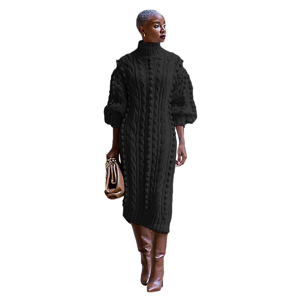 Autumn Women Long Sleeve Turtleneck Knitted Dress Sexy High Split Sweater Dress Casual Warm Winter Thicken Dress Female