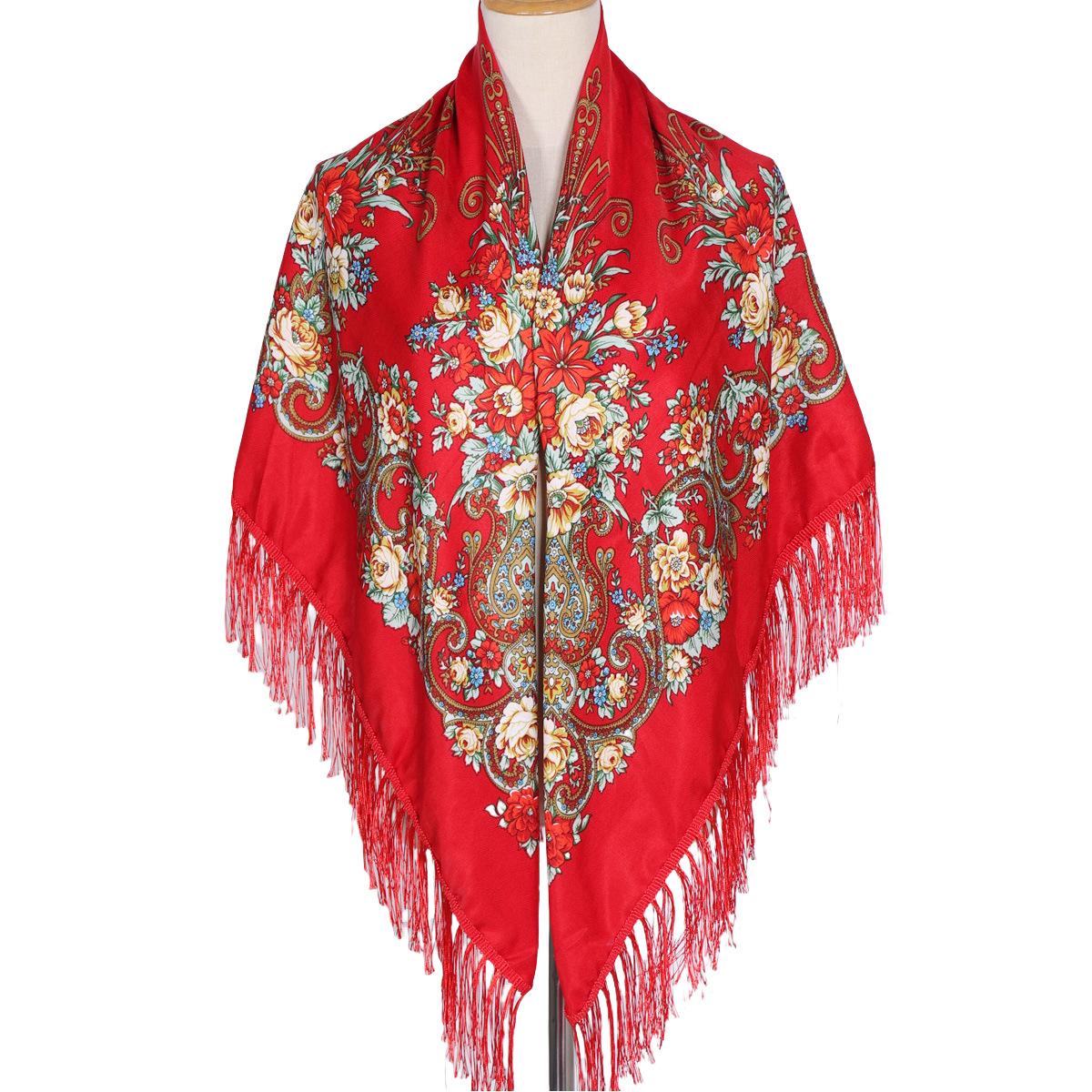 

130*130cm Women Luxury Floral Print Square Scarves Russian National Fringed Shawl Traditional Ukrainian Babushka Head Wraps