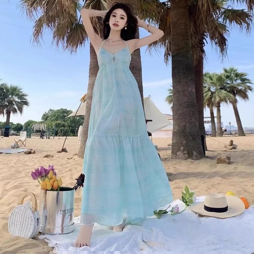 French Temperament Backless Seaside Vacation Style Blue Neck Sling Dress, Children's Waist and Thin New Long Dress