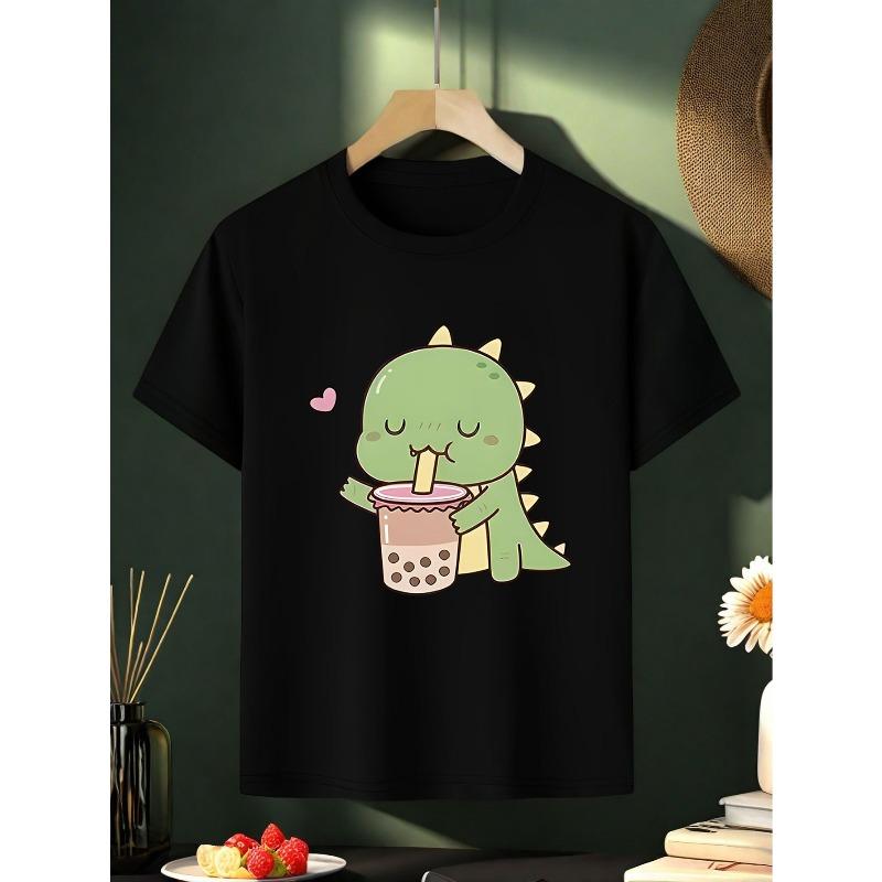European Sizes Girls' Cute Dinosaur Drinking Hot Chocolate T-Shirt - Soft Pink with Green Dinosaur & Cup Design, Breathable Summer Casual Top