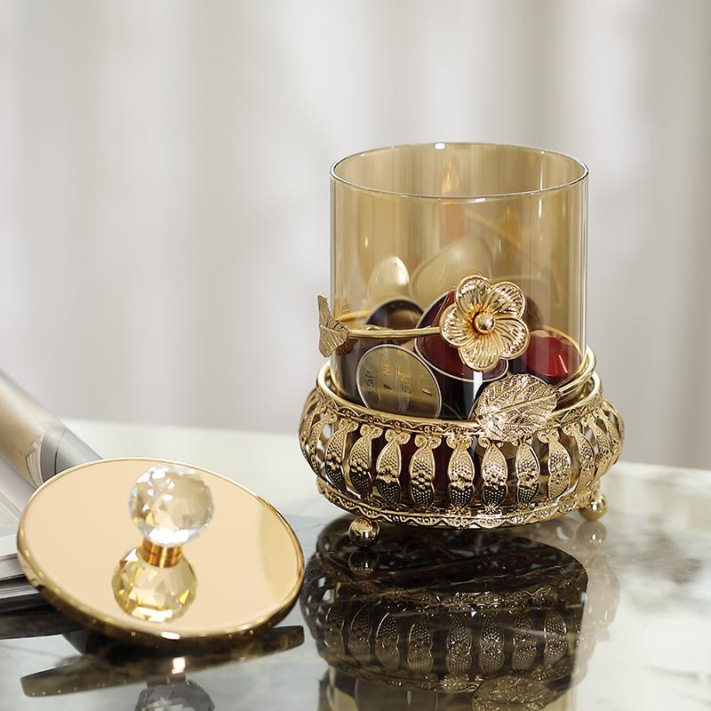 European Glass Candy Jar Gold Cutout Jewelry Cosmetic Storage Box Household Nut Fruit Jewelry Storage Box Gold Flower Decoration