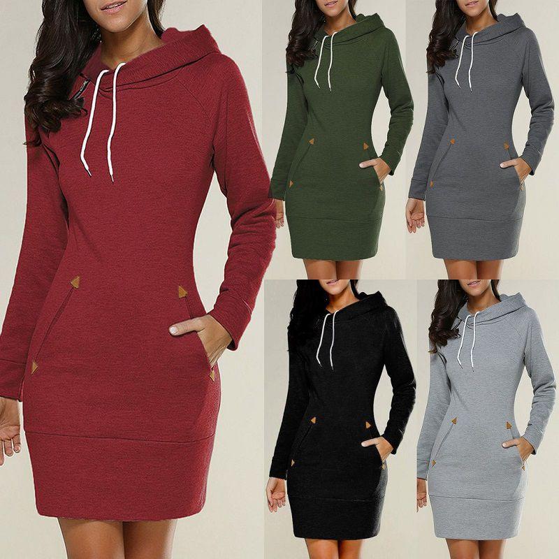 Womens Hooded Mini Dress Casual Long Sleeve Sweatshirt Jumper Slim Fit With Pockets