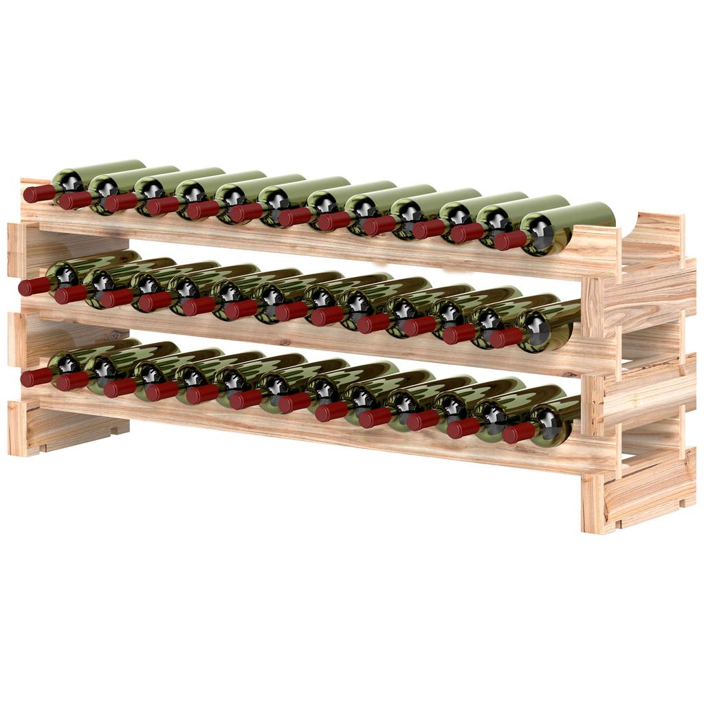 Three-Tier, 36 Bottle Wooden Wine Rack - Natural