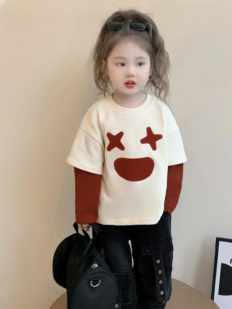 2025 New Girls' Stylish Fake Two-Piece Sweatshirt for Spring and Autumn