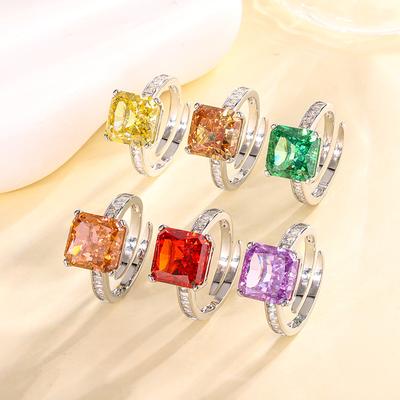Raw Jewelry Copper Bottom Gold-Plated High Carbon Diamond Ice Flower Cut Princess Square Copper Setting Temperament Ring 10 * 10