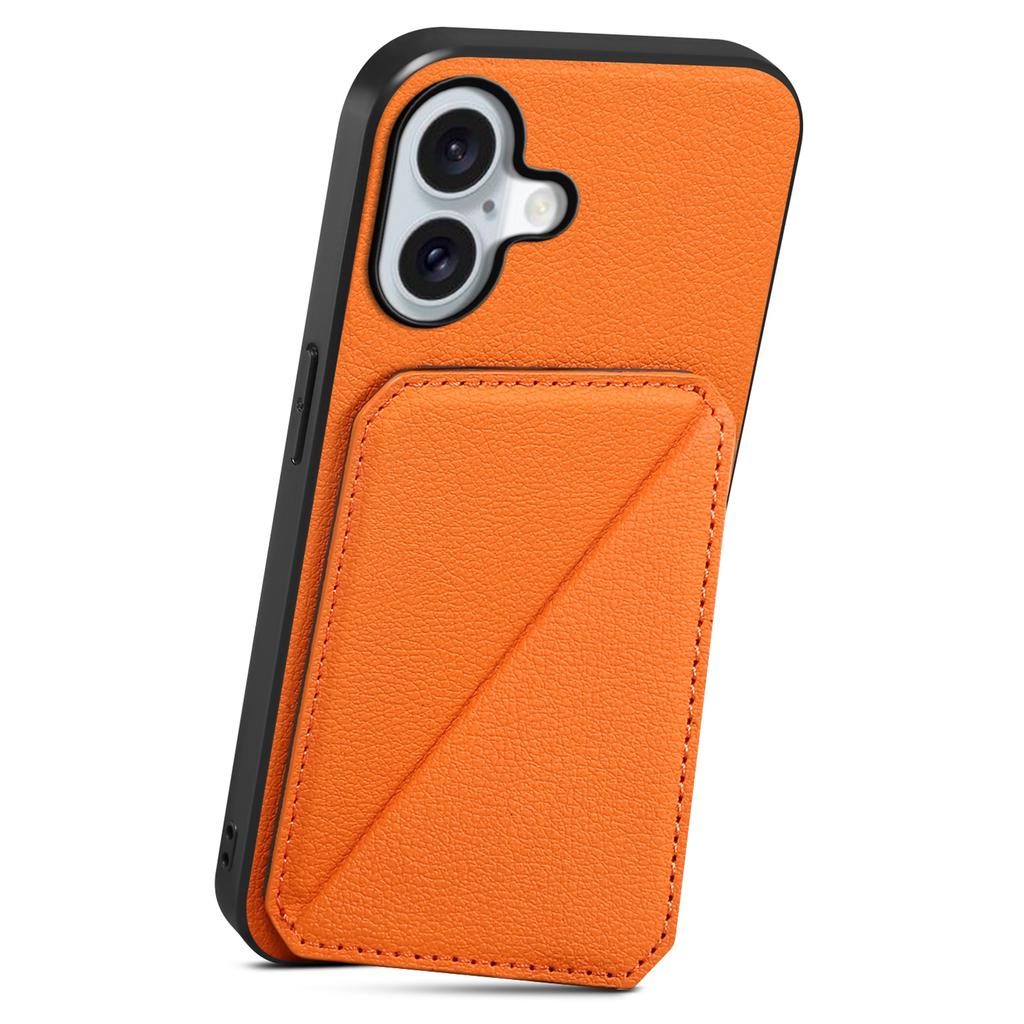 DENIOR D04 For iPhone 16 Case Dual Card Slots Leather+PC+TPU Kickstand Phone Cover