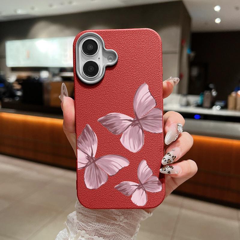 Pink Butterfly Pattern Leather Texture Slim Soft Phone Case For iPhone 16 Pro Max 15 14 Pro 13 12 11 TPU Matte Lens Protection Shockproof Bumper Cover