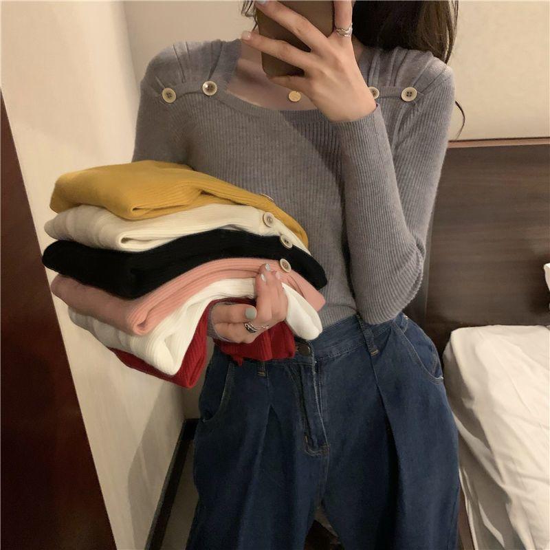 Herbst Lange Ärmel Stricken Tops Mode Taste Dekoration Quadrat Kragen Pullover Koreanische Einfarbig Slim Fit Pullover Frauen 28523