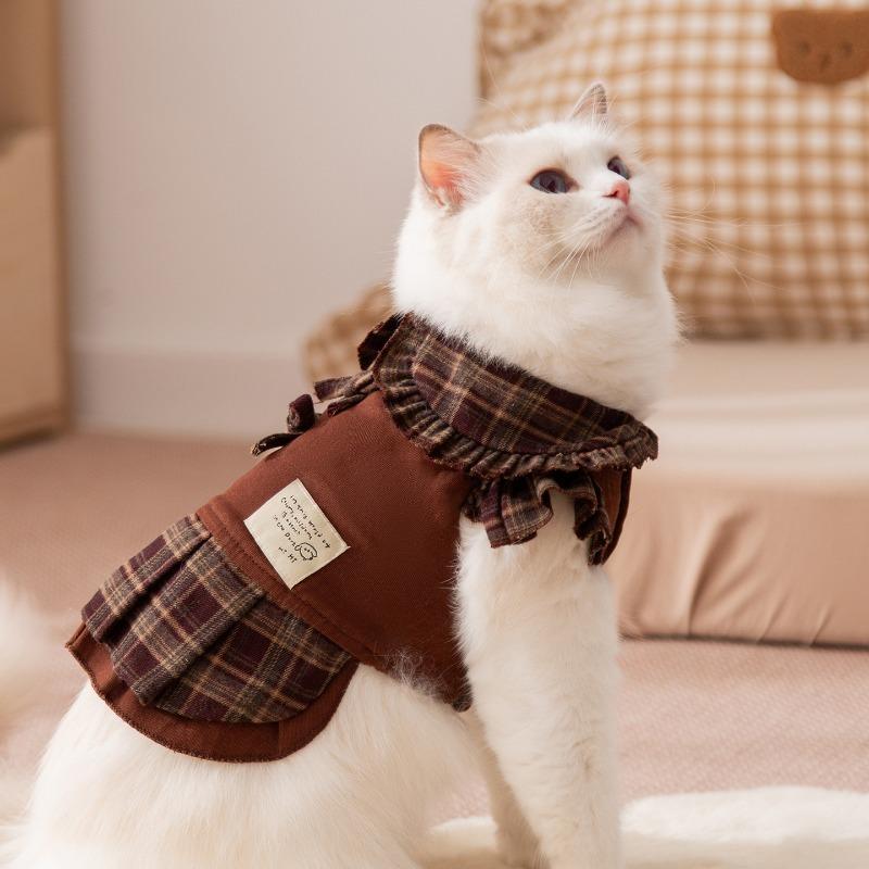 Pet Brown Plaid Dress  Autumn Winter Hoodie Cat Teddy Jacket Dog Dresses Puppy Clothes Draw Comfortable Warm Pet Bow Skirt