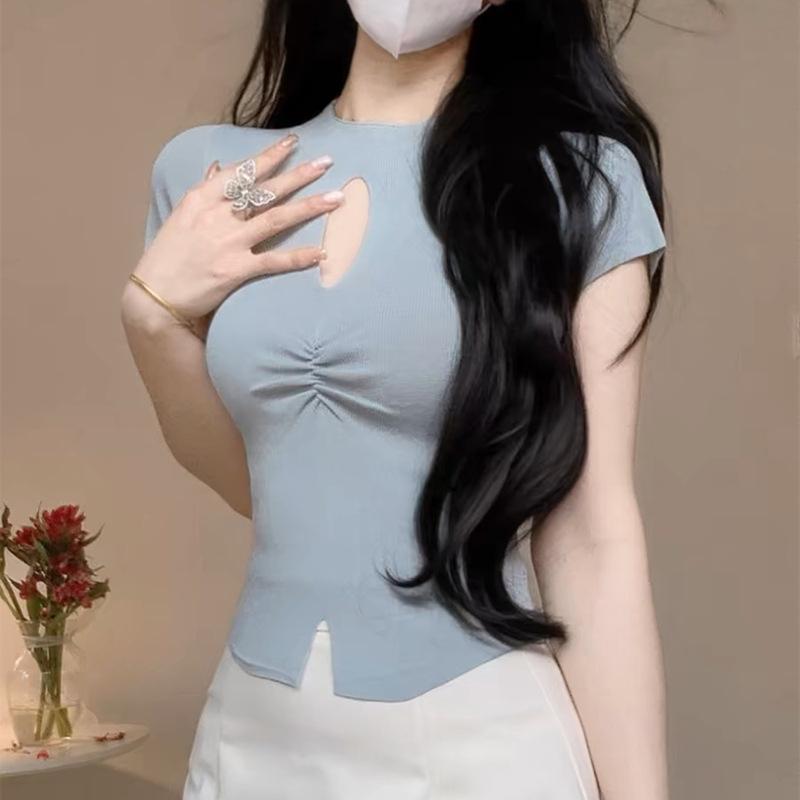 Crewneck Hollow Knit Summer Women's Ice Silk Knitted Slim-fit T-shirt Sexy Thin Short Top Women Trend