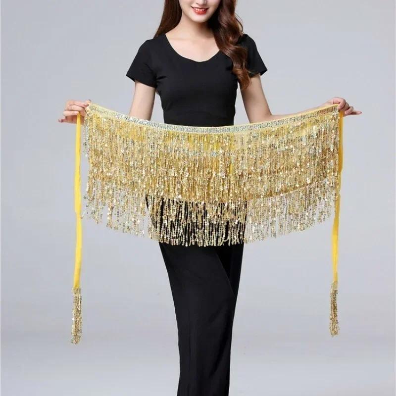 Belly Dance Waist Chain New Glitter Layer Tassel Waist Cover Indian Dance Performance Practice Strap Hip Scarf Skirt Waist Scarf