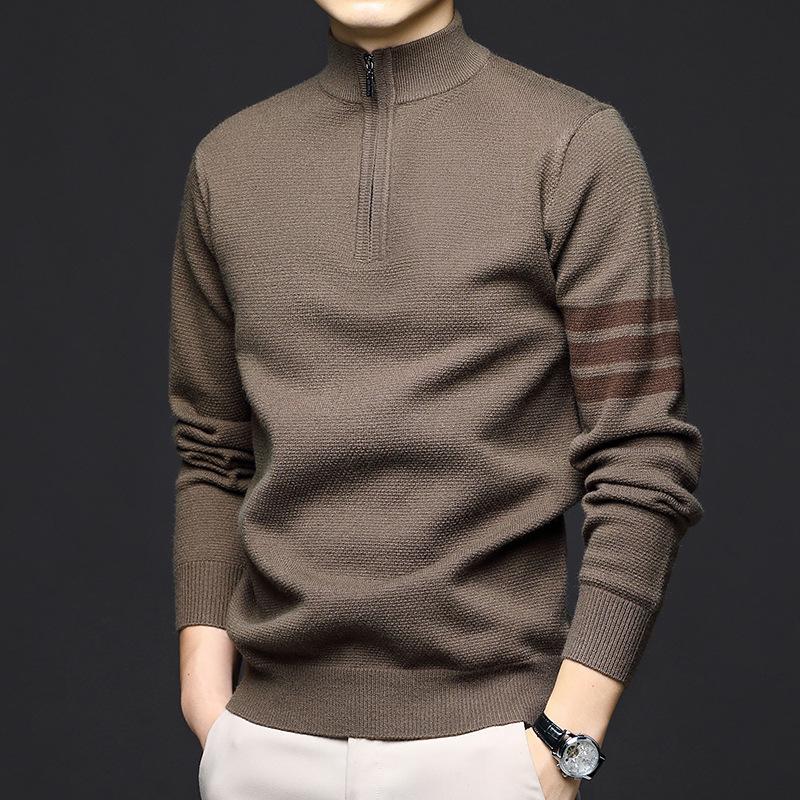 Manzibo Men's Half-Zip Jacquard Knit Stand Collar Sweater - Breathable Casual Autumn/Winter Pullover