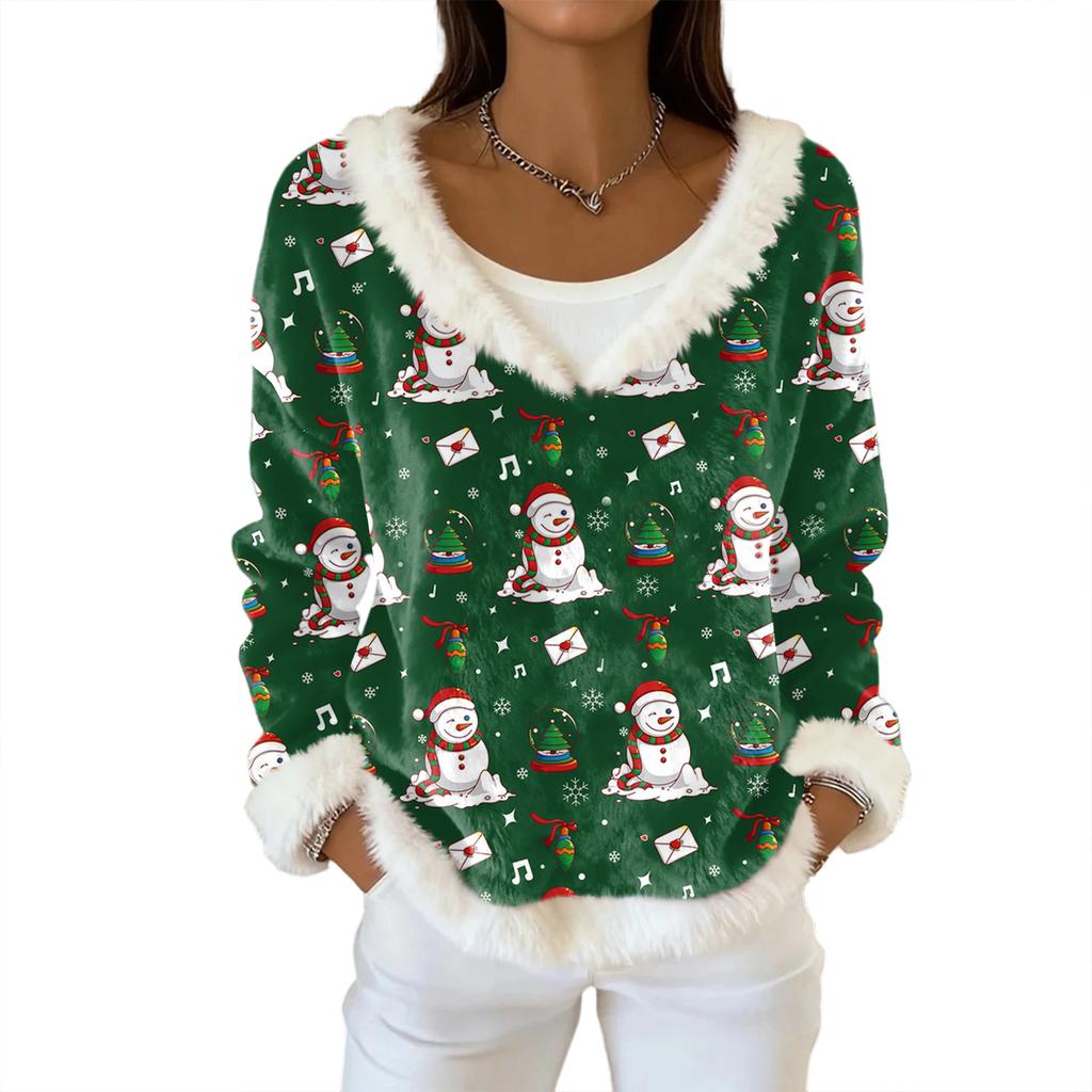 Women's Fashion Plush V Neck Pullover Top Long Sleeve Tee Christmas Printed Sweatshirt