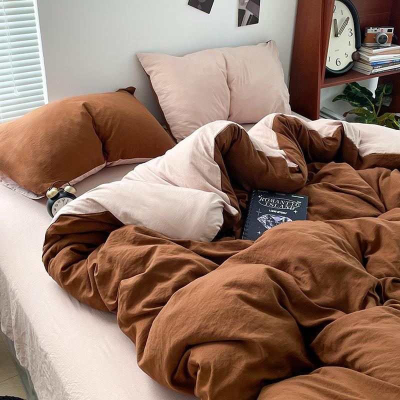 Super Soft Bed 4Pcs Set, Pure Washed Cotton Quilt Cover, Bed Sheet Full Quilt Cover, Bed Hat Student Three 4-Piece Set