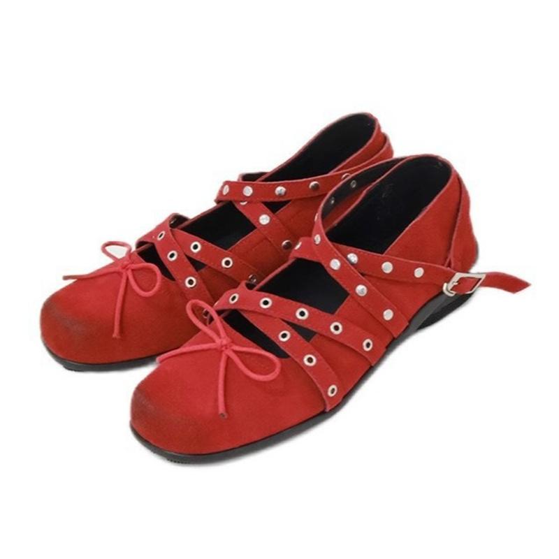 Mary Jane Shoes Female Genuine Leather Retro Ballet Flat Shoes Women Square Toe Flat Luxury Rivet Cross Straps Ladies Shoes