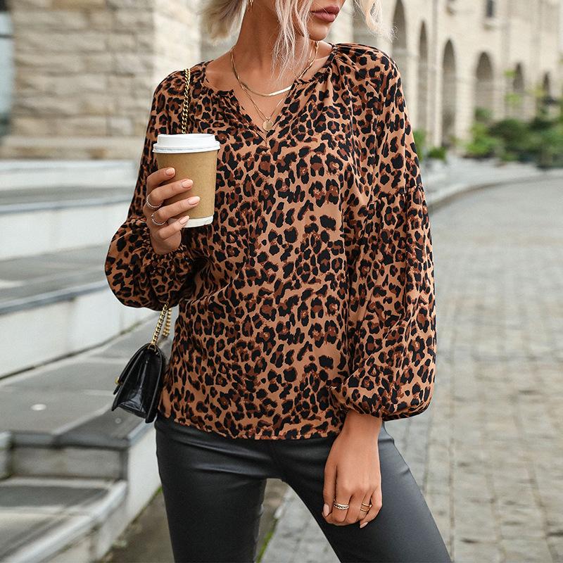 2025 Spring Leopard Print Chiffon Long-Sleeve Women's Pullover Shirt