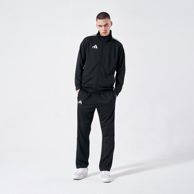 Adidas Striped Logo Stand Collar Long Sleeve Jacket And Mid Waist Elastic Pants Casual Sports Suit Unisex Suit Black TR90JT-BW+TR90PT-BW