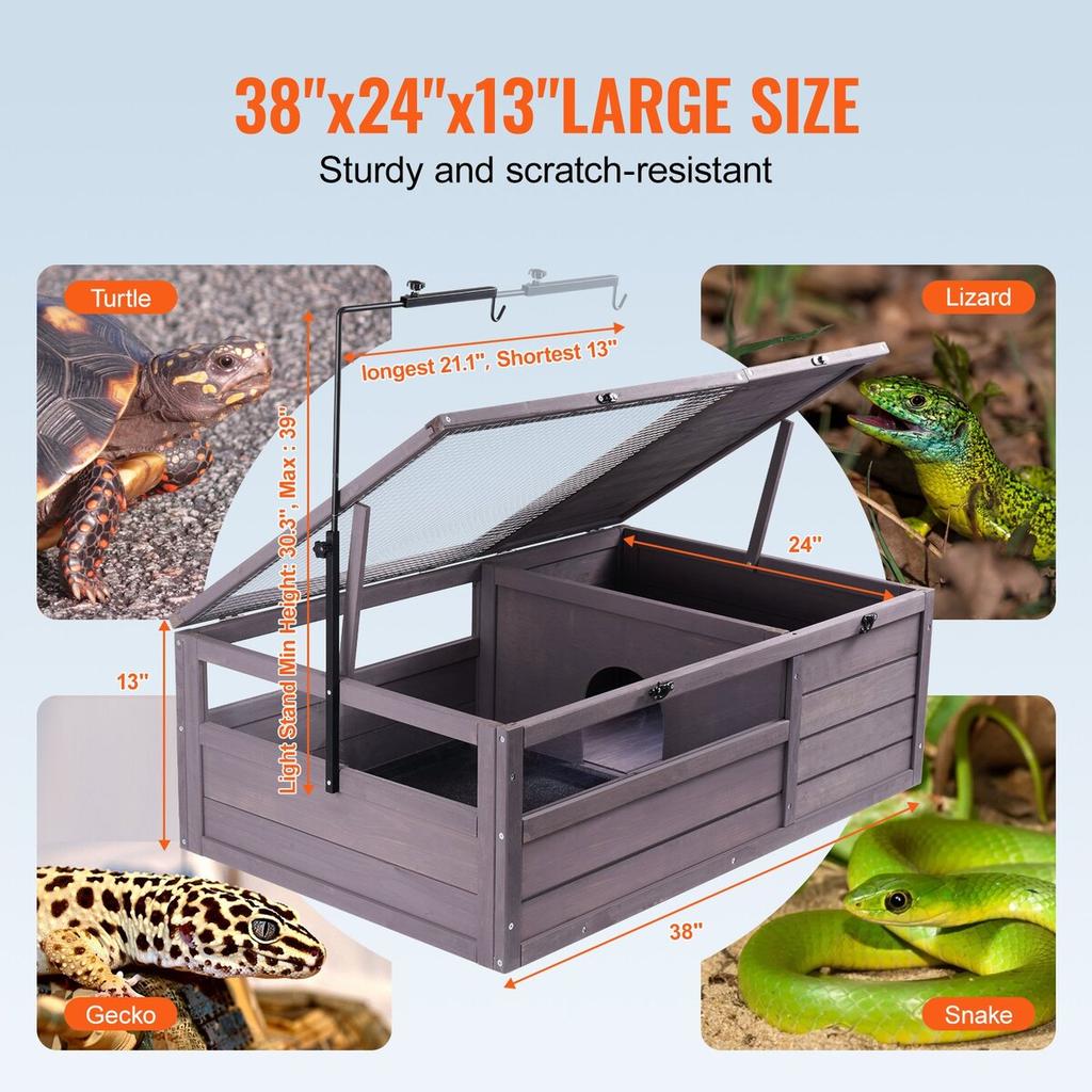 Dřevěný domeček pro želvy, habitat pro želvy, vnitřní i venkovní, 2 místnosti, 38x24x13 palců