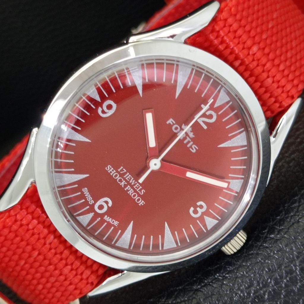 VINTAGE HAND-WINDING REFURBISHED SWISS MENS RED COLOR DIAL WATCH a701046-5 R205a-a701046