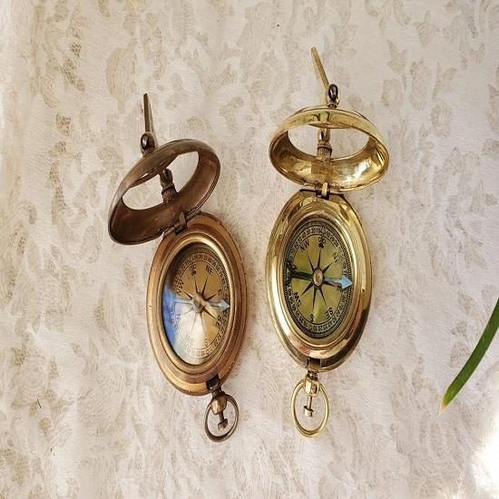Set of 2 Antique Brass Lid Sundial Compass Polished Sundial Compass Pocket Gift