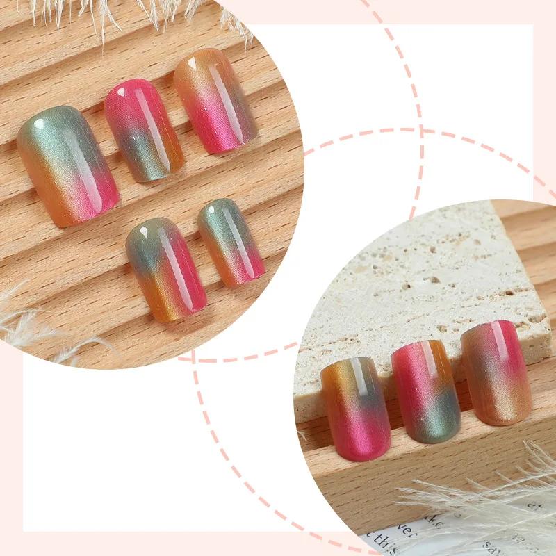 24Pcs Short Ballet Press On Nails, Rainbow Gradient Cat Eye Full Cover Fake Nails with Glue for Daily Wear
